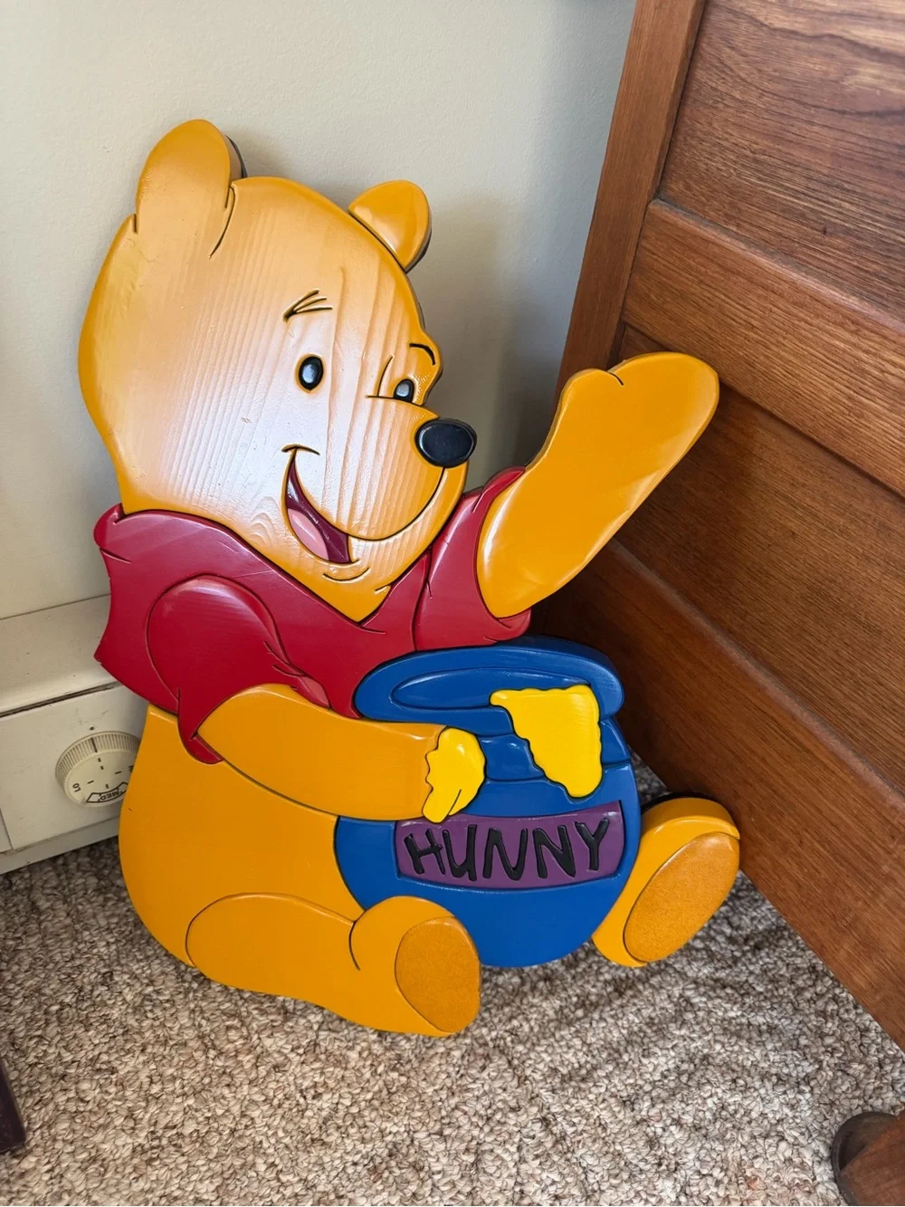 Vintage 14 x 20 wooden Winnie the Pooh Wall Art with Hunny Pot - Yellow & Blue